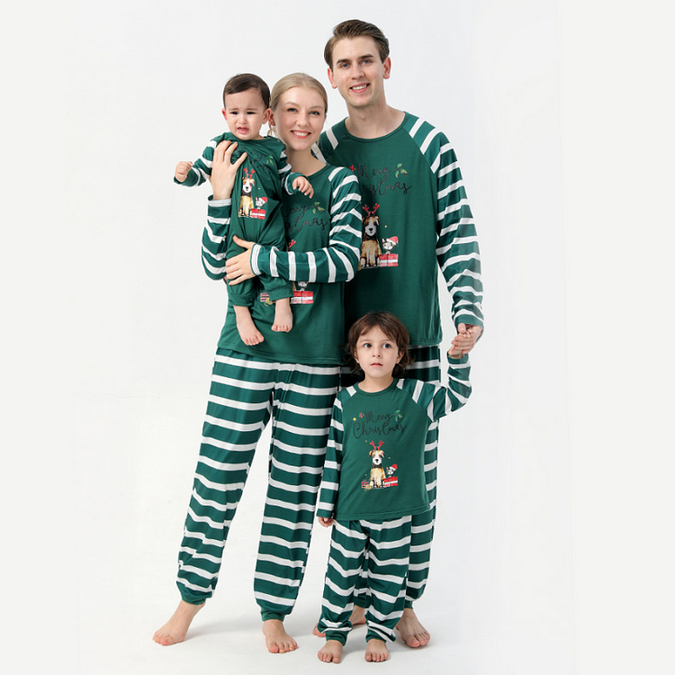 Christmas green stripe printed parent-child suit