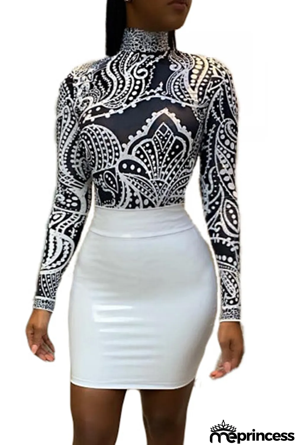 Black Turtleneck Long Sleeve Geometric Print Long Sleeve Tops