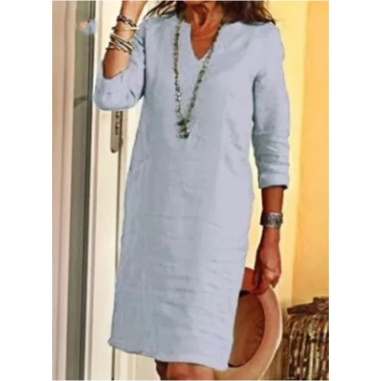 Brownm Cotton Linen Small V-neck Stitching Retro Basic Model Solid Color Three-quarter Sleeve Dress