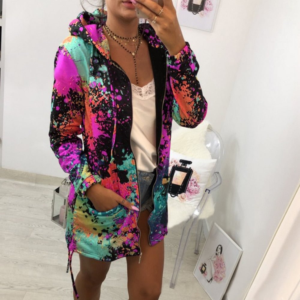 Women Print Jackets Spring Colourful Tie Dyeing Hooded Women Sweatshirt Casual Pocket Zipper Loose Plus size Female Outwear