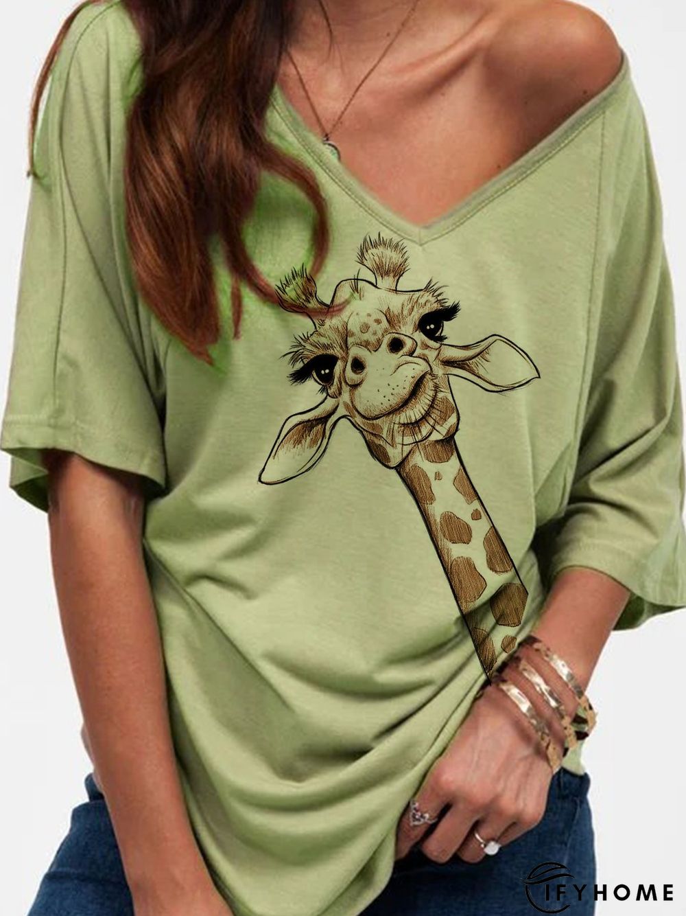 Vintage Casual Plus Size V Neck Short Sleeve Printed Tee Shirts Tops | IFYHOME