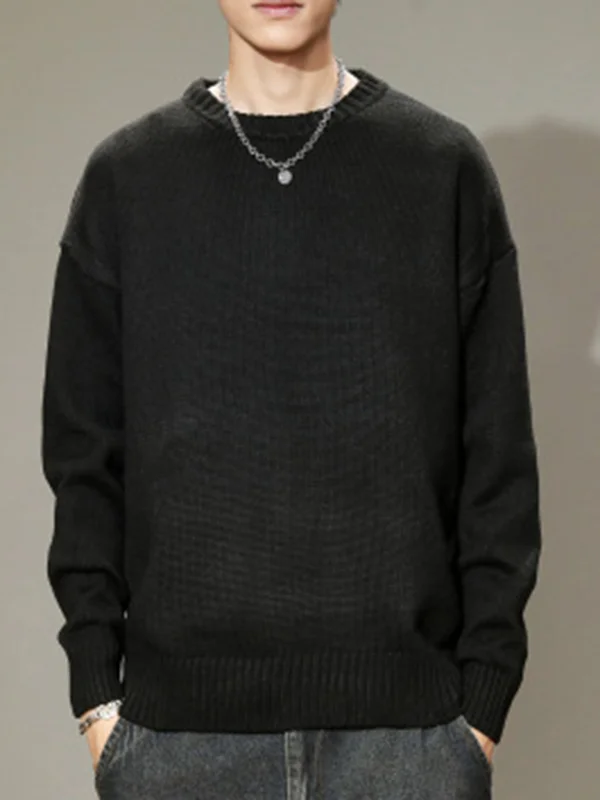 Men's Casual Plain Round Neck Long Sleeve Loose Knitted Sweater