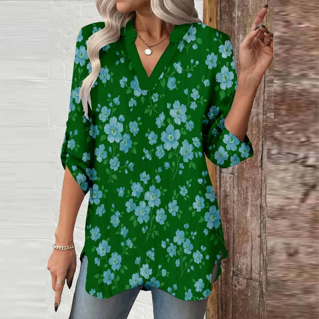 Women Floral, Blue, Blue DZGA0166 3/4 Sleeve V-neck Printed Graphic Button Tops