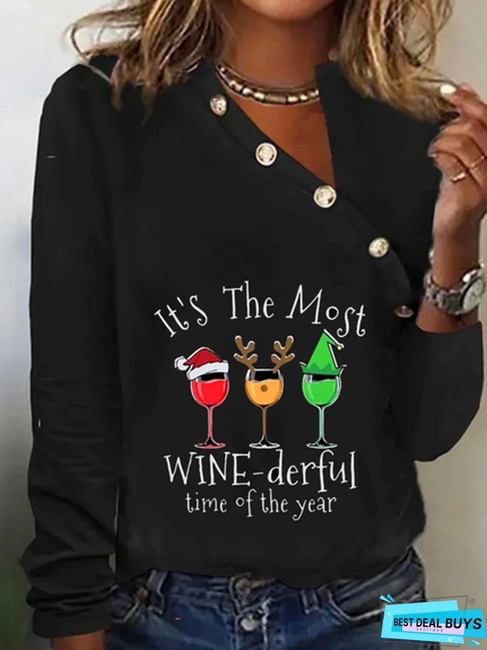 Christmas Holiday Buckle Casual Loose Long sleeve V neck T-Shirt