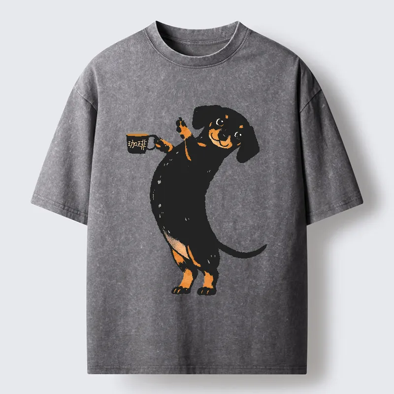 Comstylish Elegant Coffee Dog Washed T-shirt