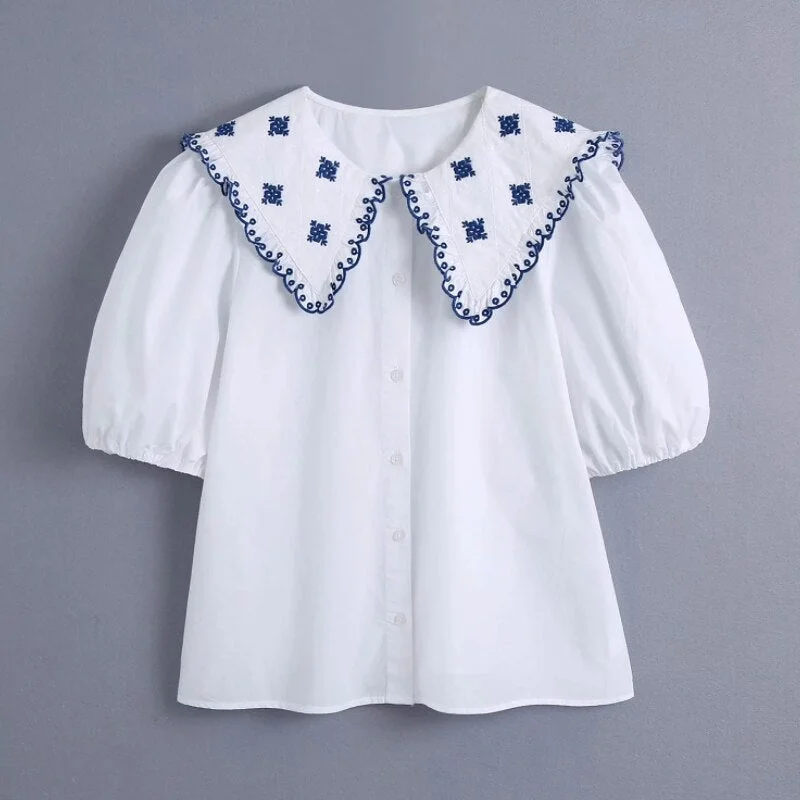 Summer Women Embroidery Sailor Collar White Shirt Female Puff Sleeve Blouse Casual Lady Loose Tops Blusas S8913