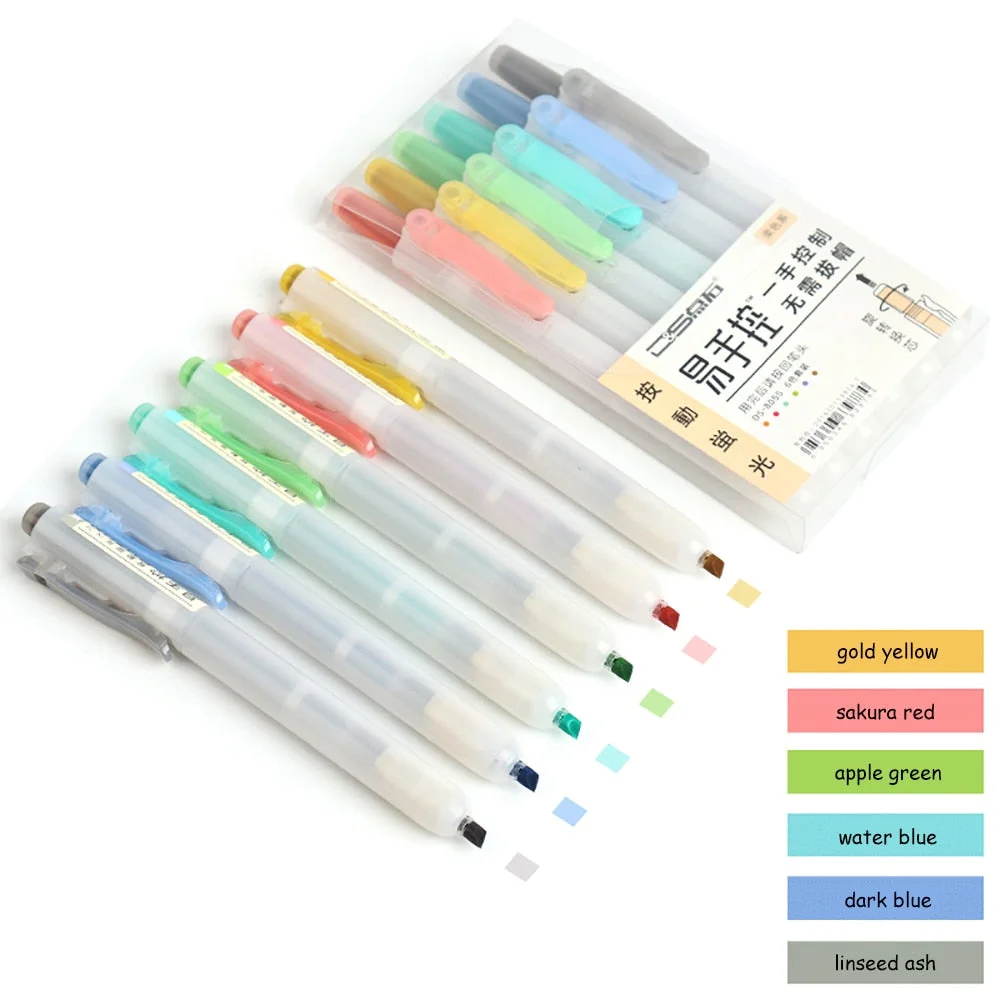 6Pcs/set Retractable Highlighters Refillable Pastel Highlighter Pen Fluorescence Markers for Journaling School Office Supplies