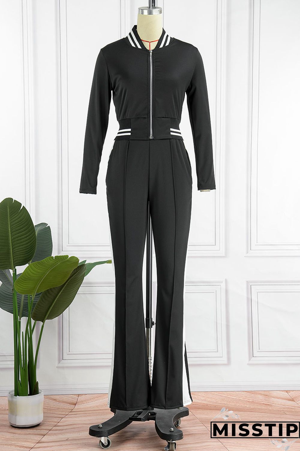 Black Casual Solid Patchwork Zipper Long Sleeve Two Pieces