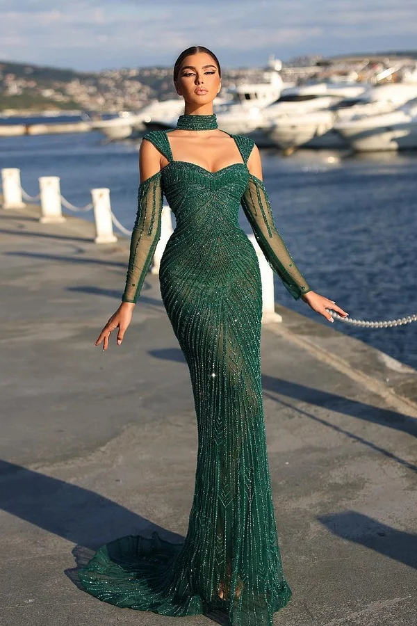 Daisda Charming Dark Green Long Sleeves Long Prom Dress With Beadings