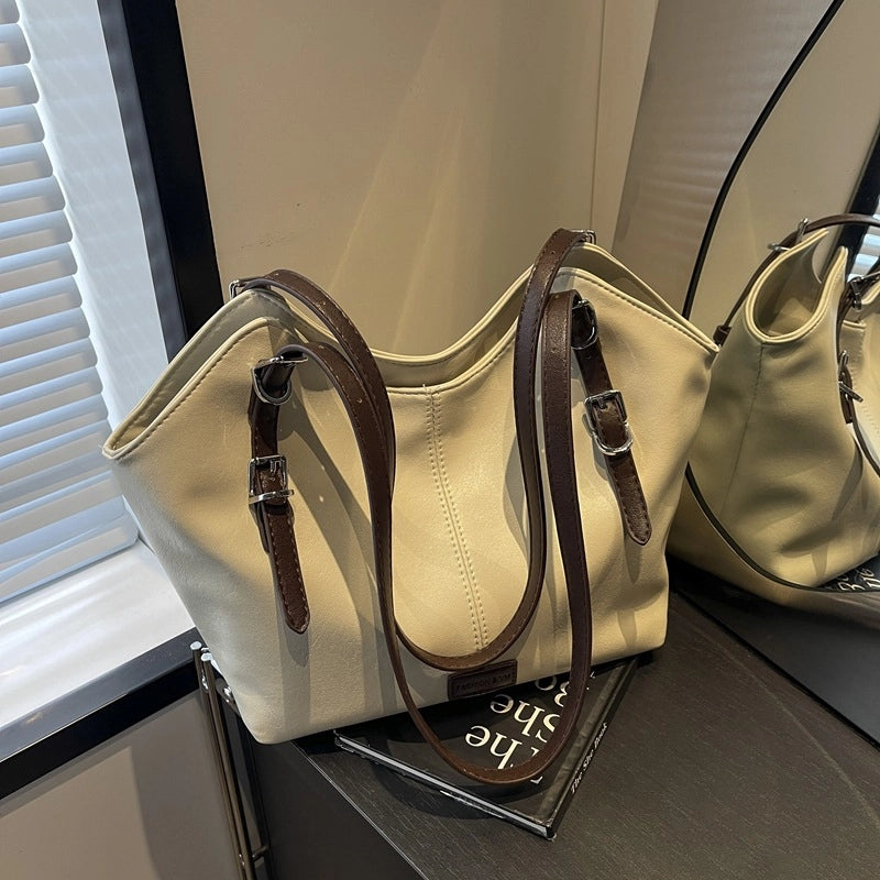 Women's Large Pu Leather Solid Color Vintage Style Classic Style Sewing Thread Square Zipper Tote Bag4