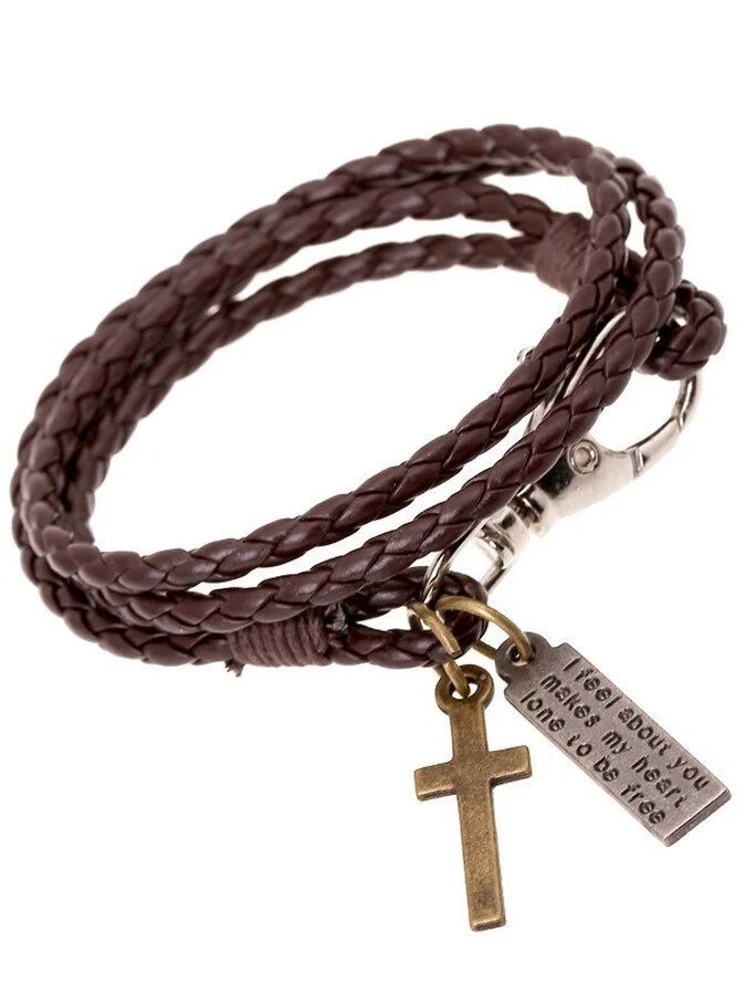 Pendant Cross Double Circle Leather Bracelet