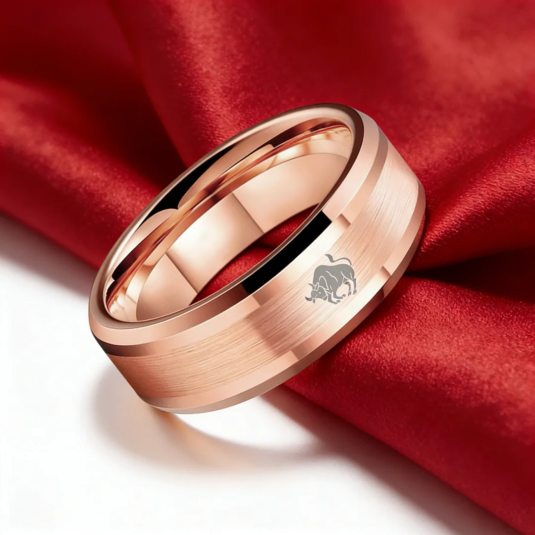 Mens Womens Rose Gold Taurus Tungsten Carbide Rings Rose Gold Edges and Laser Etched Wedding Band Comfort Fit 4MM 6MM 8MM Width