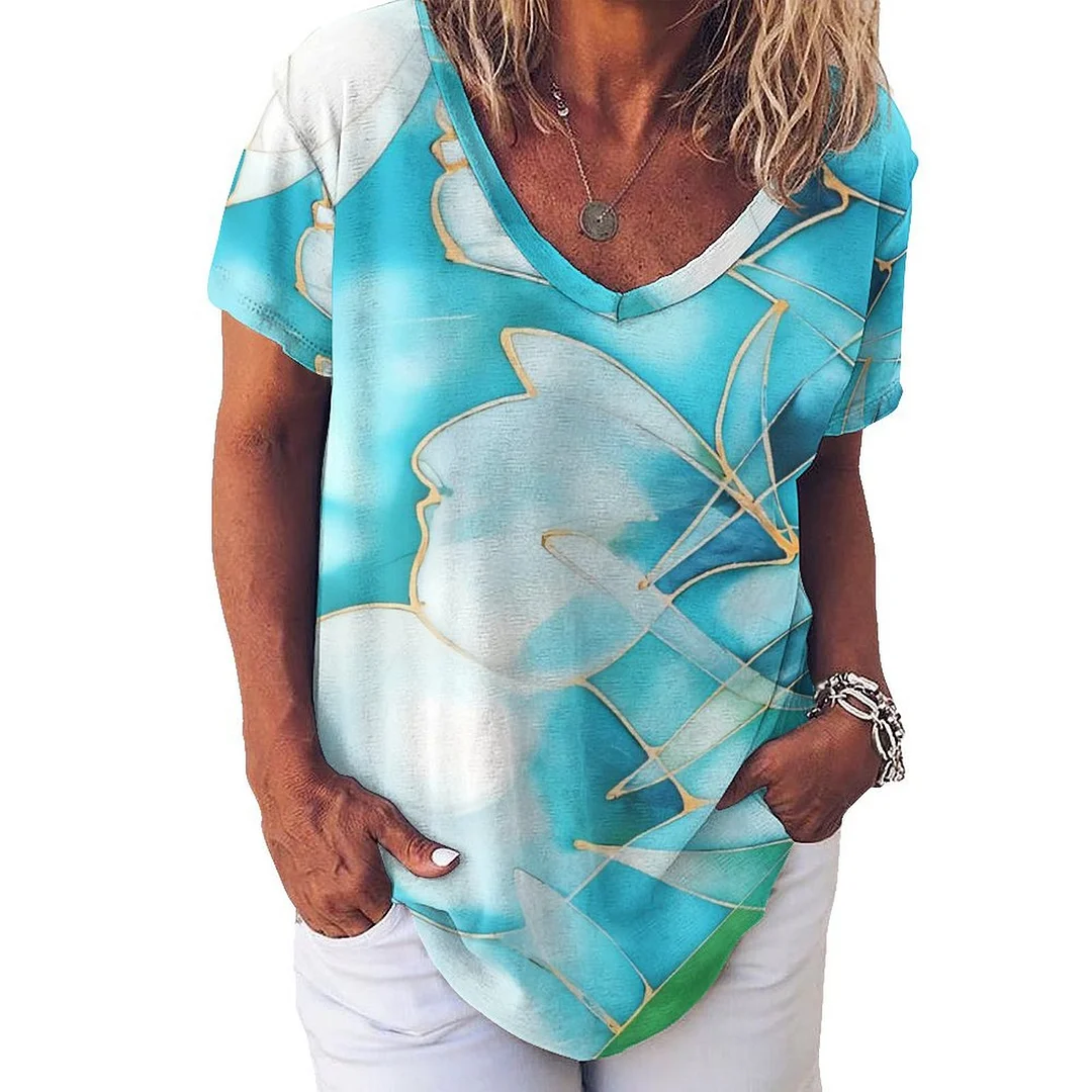 V-neck Short Sleeve Casual T-shirt for  Women Printed with Pattern Blue, Texture, Leaf