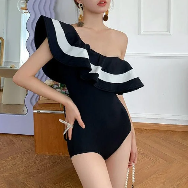 Flaxmaker Classy Retro One Shoulder Ruffle Color Block Sexy One Piece Swimsuit