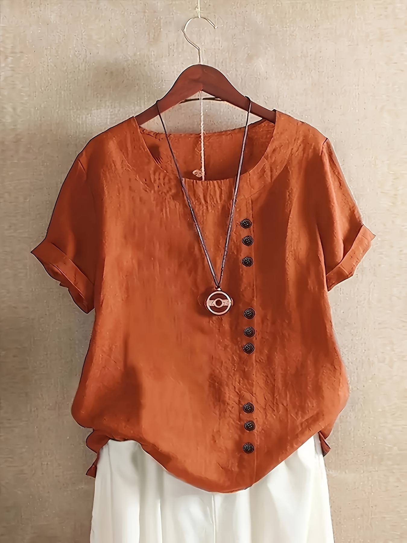 Women&Apos;S Elegant Navy Blue -Blend Button-Up Shirt - Short Sleeve Round Neck Blouse With Decorative Buttons, Machine Washable Spring/Summer Top For Casual & Formal Wear, Textured Fabric | IFYHOME