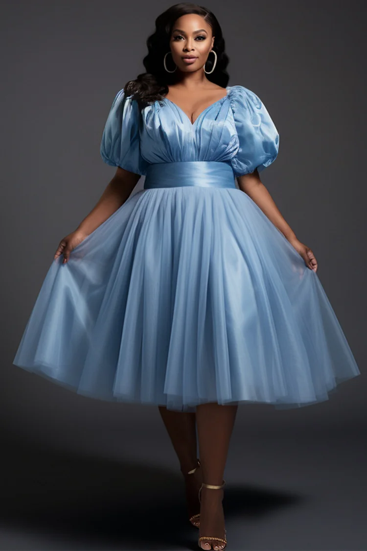 Xpluswear Design Plus Size Prom Blue Puff Sleeve Short Sleeve Pleated Tulle Midi Dresses [Pre-Order] 2024 - Xpluswear