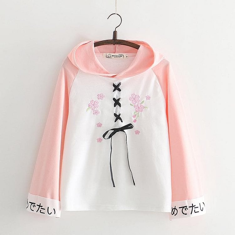 Pink/Blue Flower Embroidery Laced Hoodie Jumper S12997