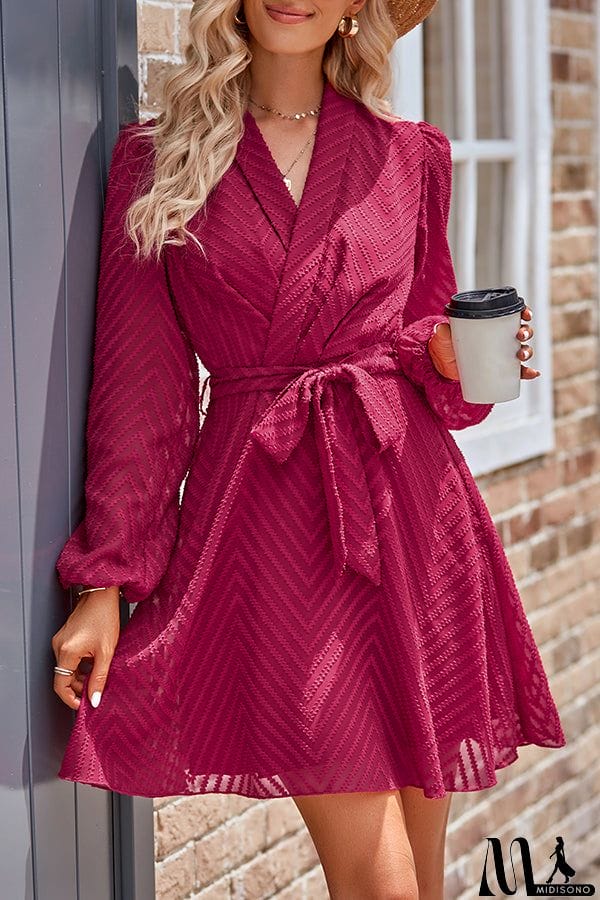 MidiSono - Striped Lace Cutout Belted Long Sleeve Mini Dress