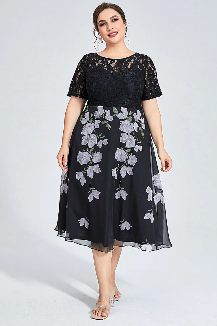 Flycurvy Plus Size Formal Black Chiffon Lace Floral Print Tunic Midi Dress
