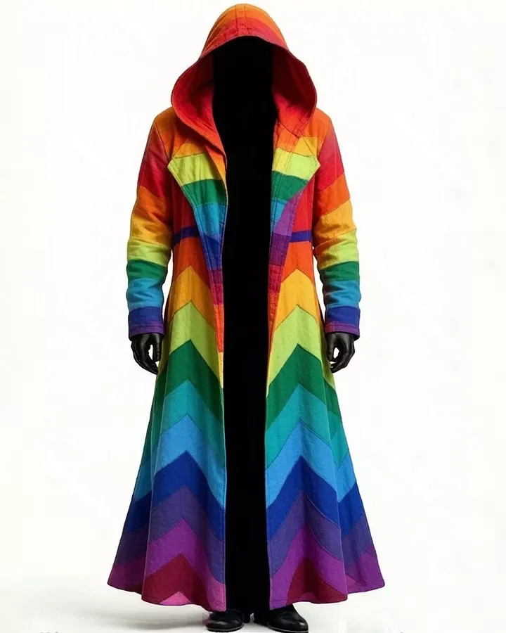 Men's Fashion Rainbow-Colored Linen Hooded Cape 3429