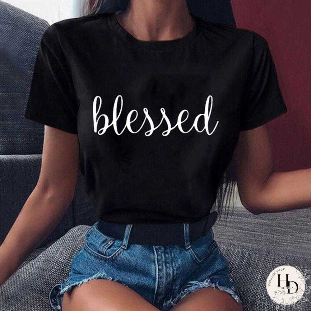 Womens Fashion Blessed PrintT-shirtsSummer Casual Loose Round-neck Creative Personalized