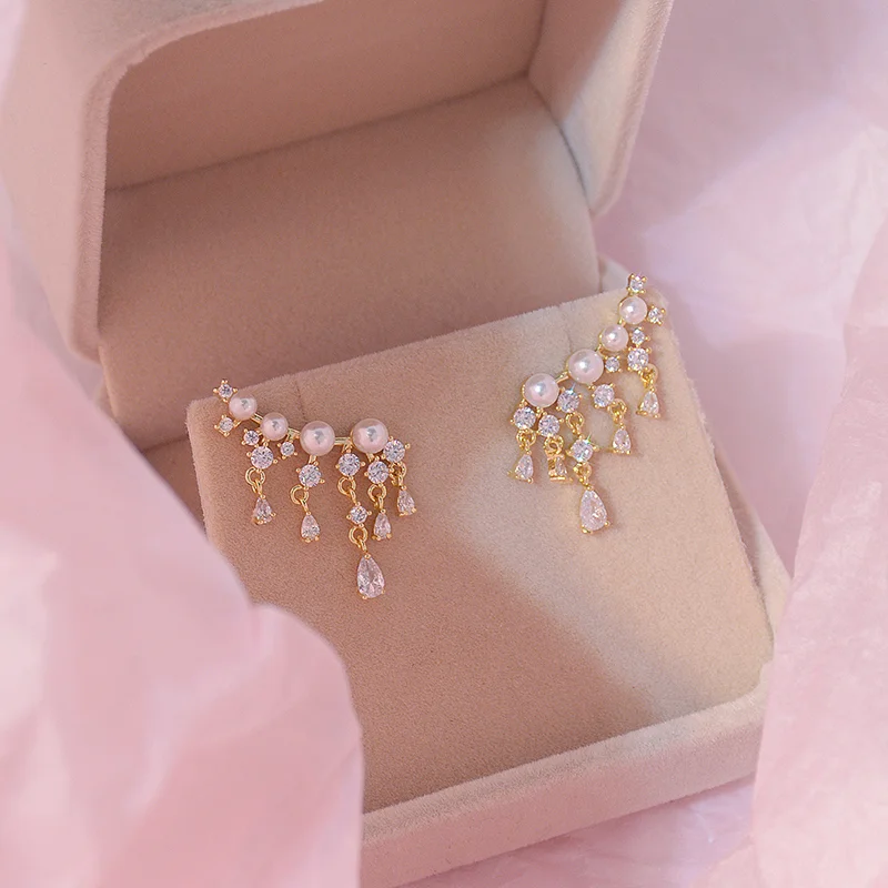 18K Pearl & Crystal Tassel Earrings