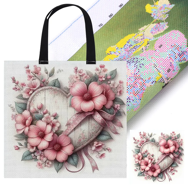 11CT Print Heart-Shaped Flowers Cross Stitch Canvas Bag Embroidery Kit 40x40cm gbfke