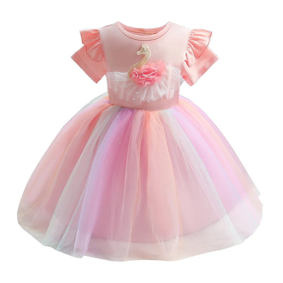 Buzzdaisy Swan Princess Dress For Girl Scoop Neck Colorful Mini Dress Lotus Leaf Sleeves Princess Cotton Christmas Gifts