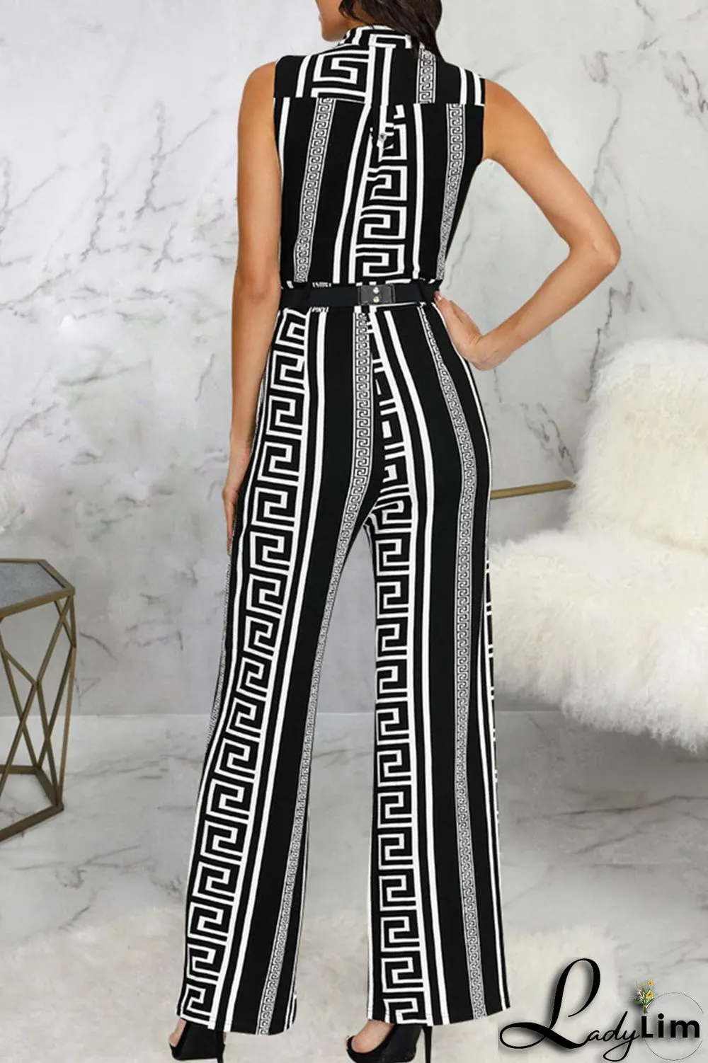 Black Yellow Casual Print Patchwork Buckle Mandarin Collar Straight Jumpsuits