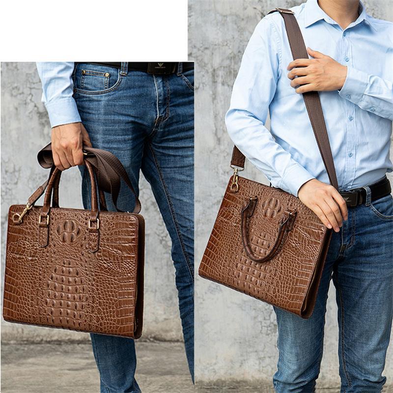 Vintage Genuine Leather Crocodile-Textured Style Top-Handled Business Bag