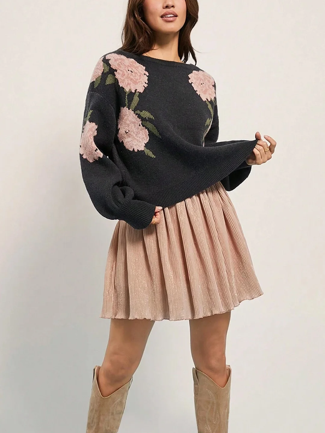 Nigikala Nigikala New Casual Long-Sleeved Sweater Flower Threaded Women's Knitting Top