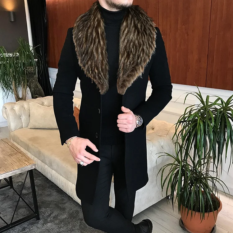 VChics Ombre Fur Collar Solid Color Breasted Mid Length Coat
