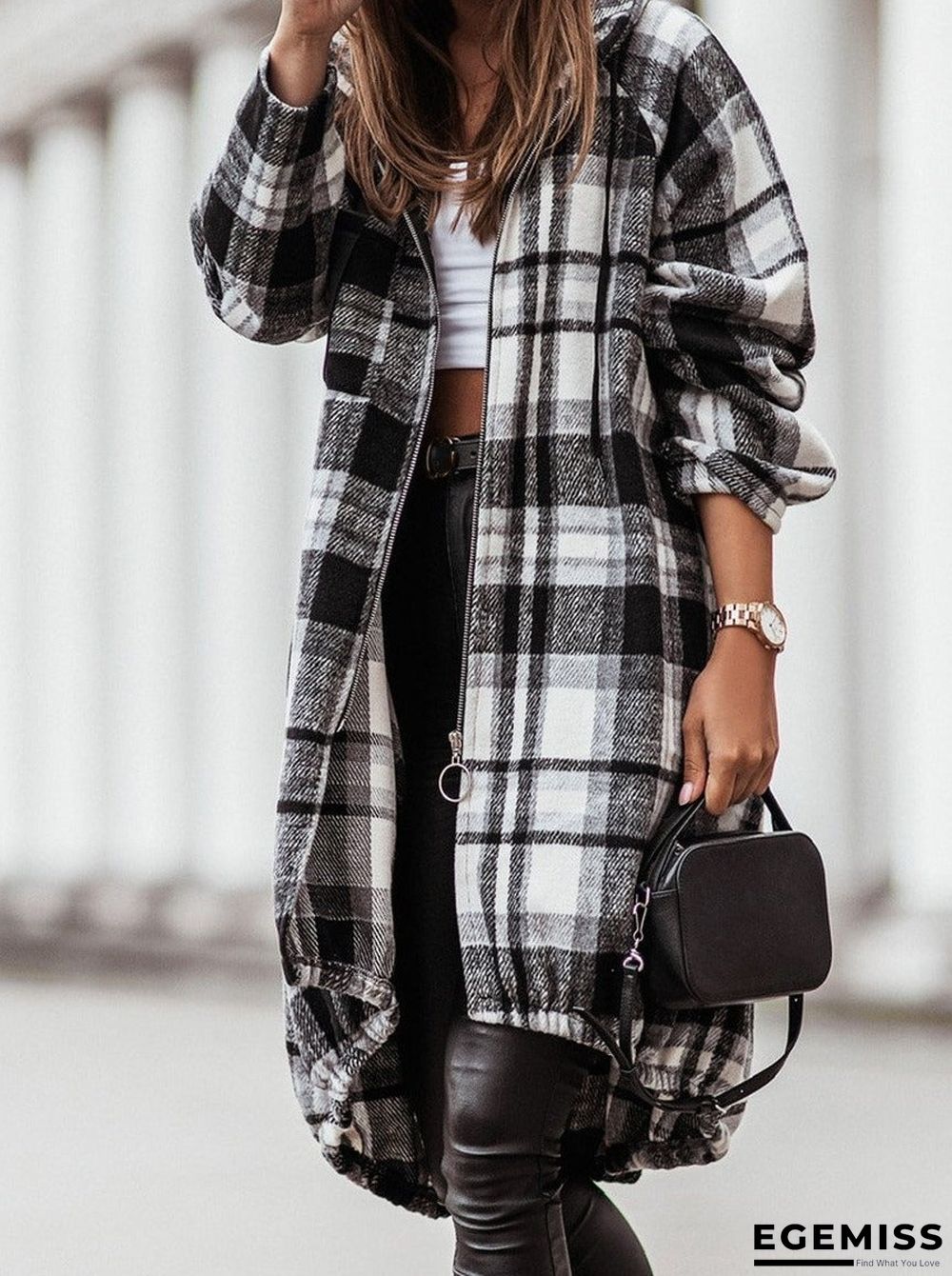 Casual Plaid Zip Long Sleeve Hooded Outerwear | EGEMISS
