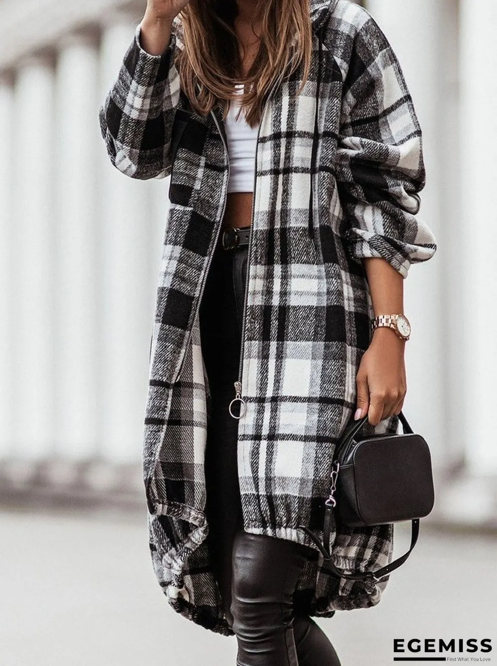 Casual Plaid Zip Long Sleeve Hooded Outerwear | EGEMISS