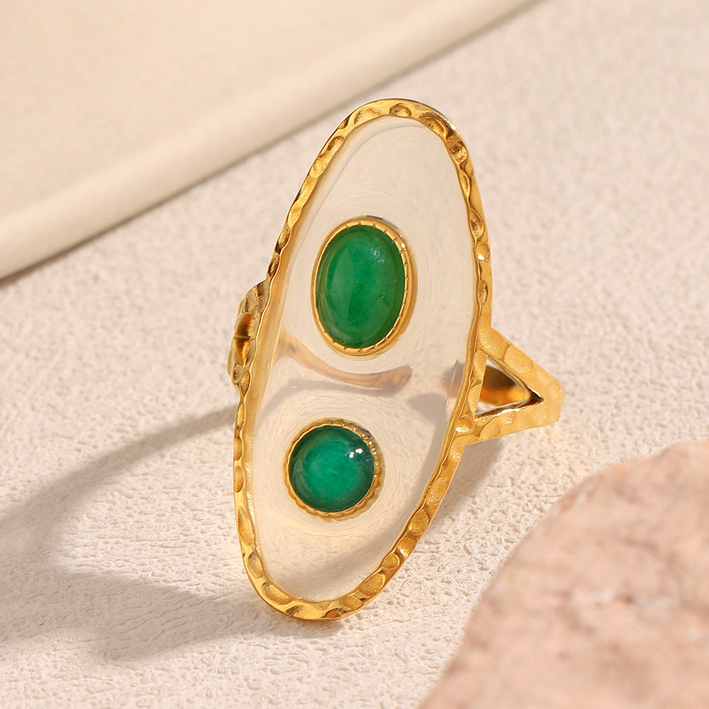 Ins Style Retro All-Match Hand Jewelry Stainless Steel Plated 18K Gold Acrylic Transparent Emerald Open Ring