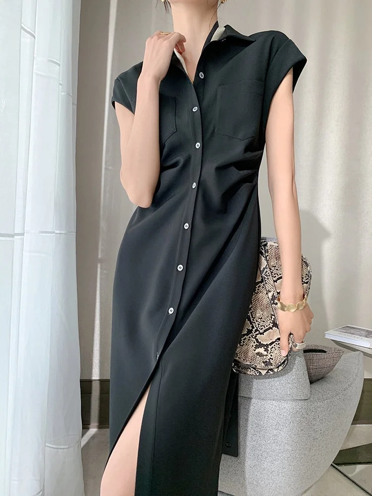 Summer New Women Single Breasted Short Sleeve Office Lady Elegant Vestidos Femme Clothes Midi Slim Solid Shirt Dress