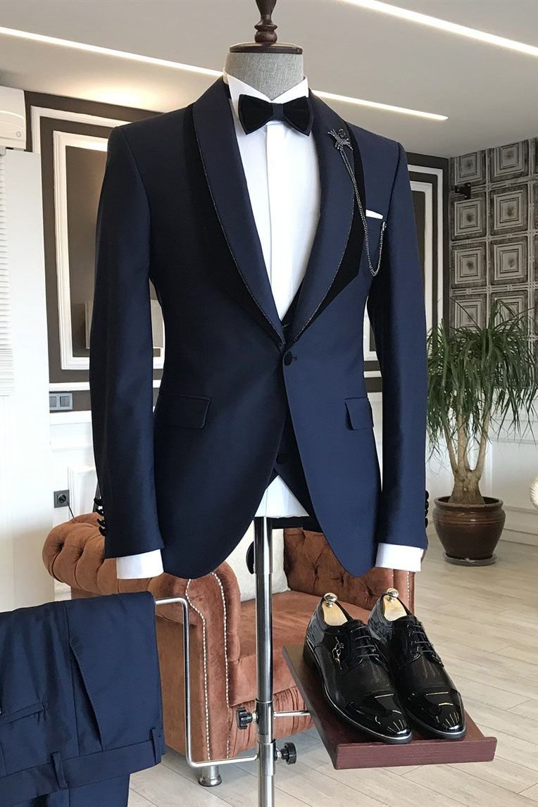 Romantic Shawl Lapel Navy Blue With One Button Wedding Suit | Ballbellas Ballbellas