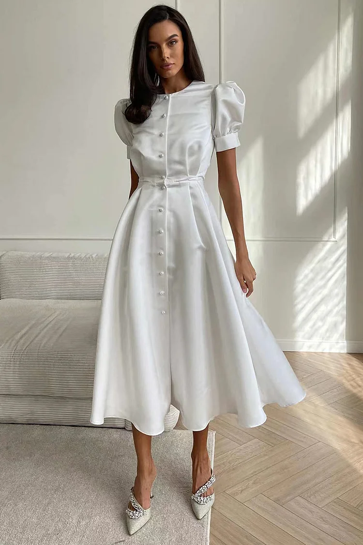 A-line Satin Round Neck Short Bell Sleeve Button Pleated High Slit Midi Dresses