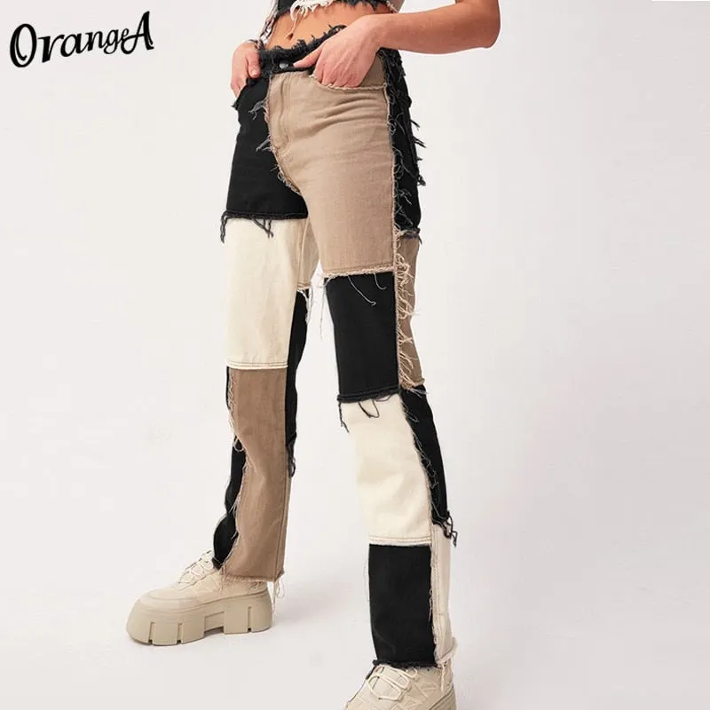 OrangeA Summer Women Denim Striped Patchwork Street Casual Hip Hop High Waist Loose Straight Jeans Pants Mujer Fashion Trousers
