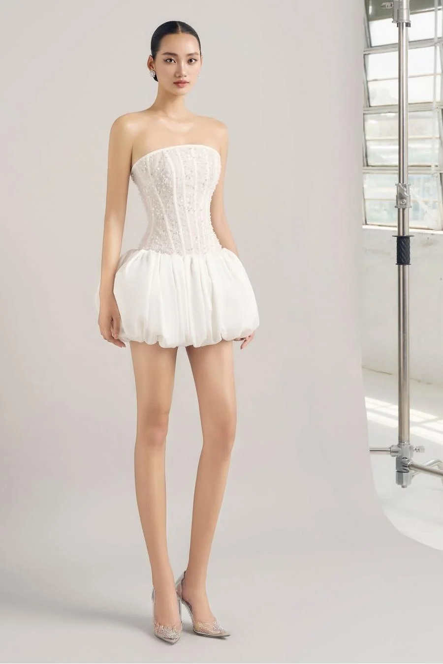Miabel Elegant White Satin Strapless Sleeveless Beaded Short Prom Dress with Pleated  