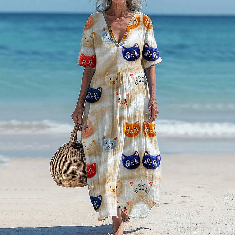 Vintage Cute Cat Embroidered In Gradient Art Cozy Linenart Women's Maxi Dress