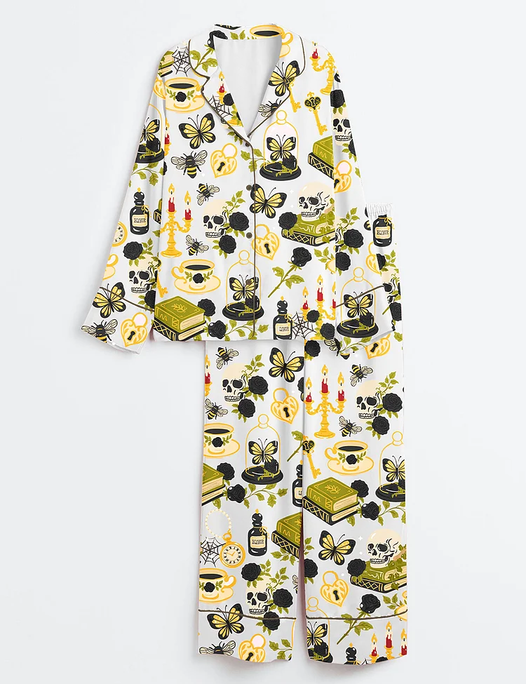 Men&rsquo;s Dark Academia Halloween Skull Red Rose Gothic Witchy Spooky Cozy Aesthetic Print Long Sleeve Satin Pajama Set