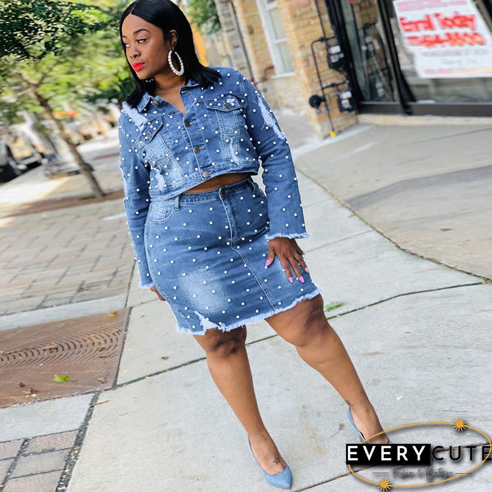Women Broken Holes Nail Bead Skinny Denim Skirts Plus Size 2 Pieces Set