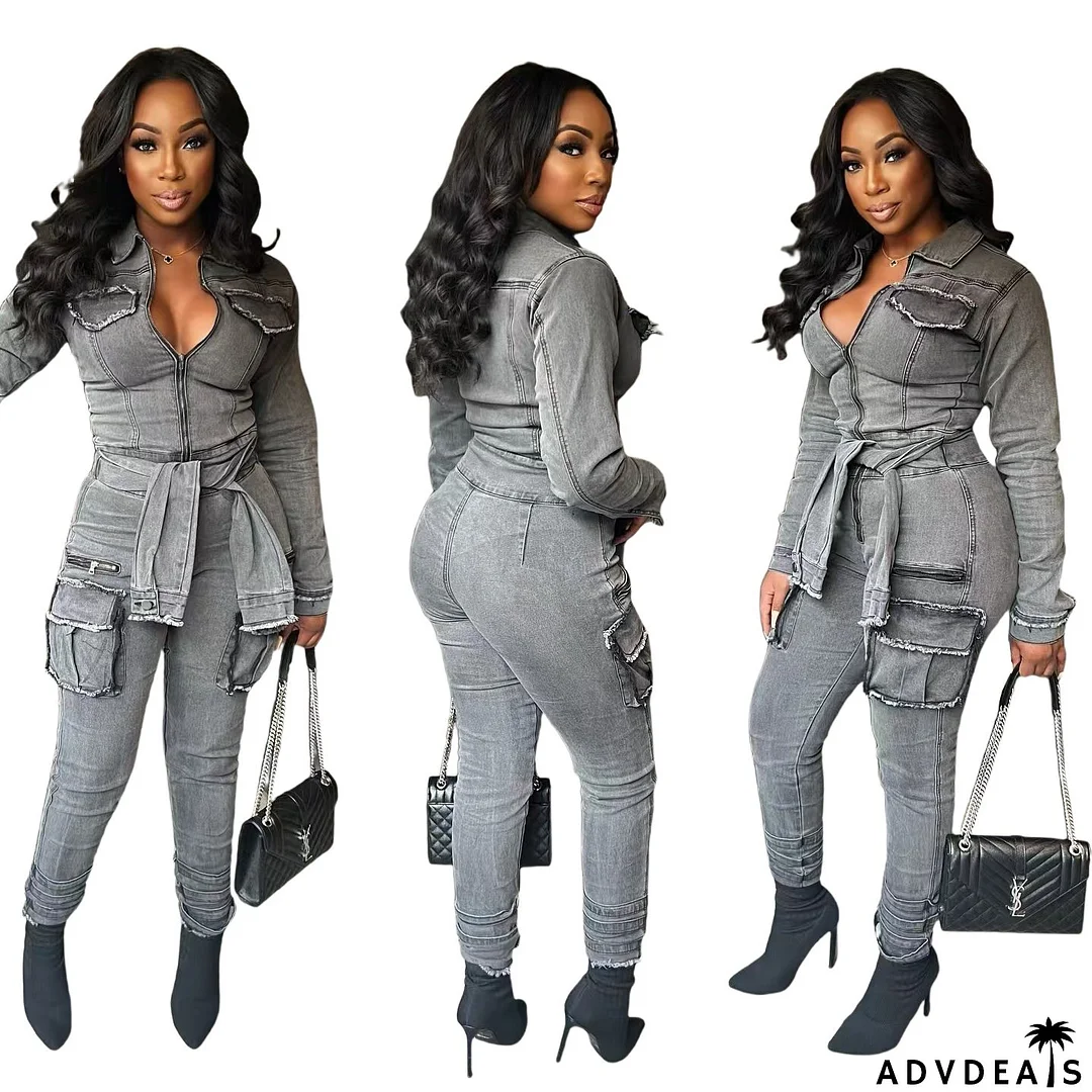 Women Tie Stretch Belt Denim Jumpsuit