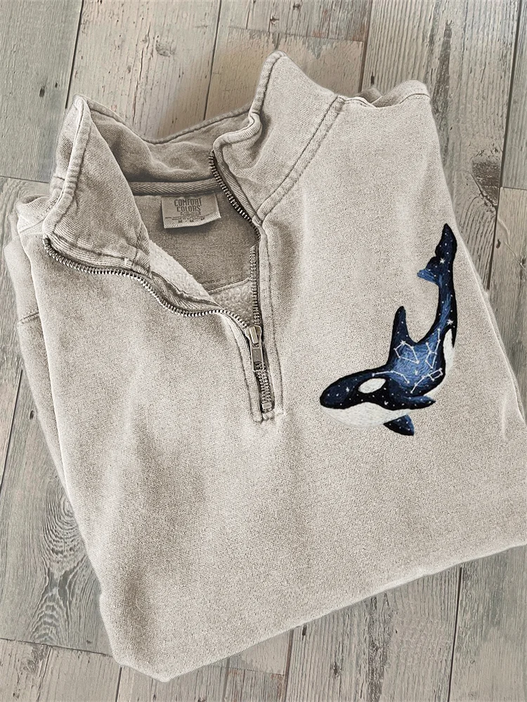 Celestial Whale Embroidery Zip Up Sweatshirt