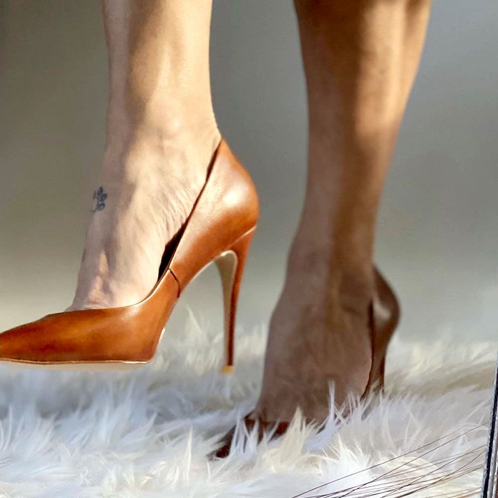 Closed Toe Heels 3 Inch Heels Khaki Gradient Leather Shoes For Women Nicepairs