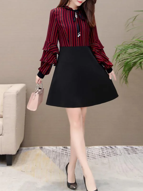 Stripe Puff Sleeve Bow Tie Stitching Shift Dress