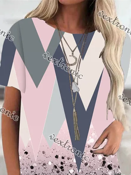 Women Short Sleeve Scoop Neck Geometric Polka Dot Top