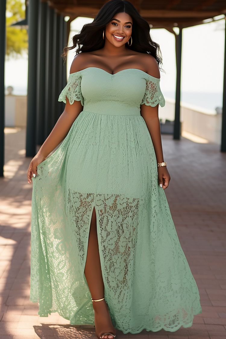 Xpluswear Design Plus Size Vacation Sage Green Off The Shoulder Split Lace Sundress Maxi Dresses