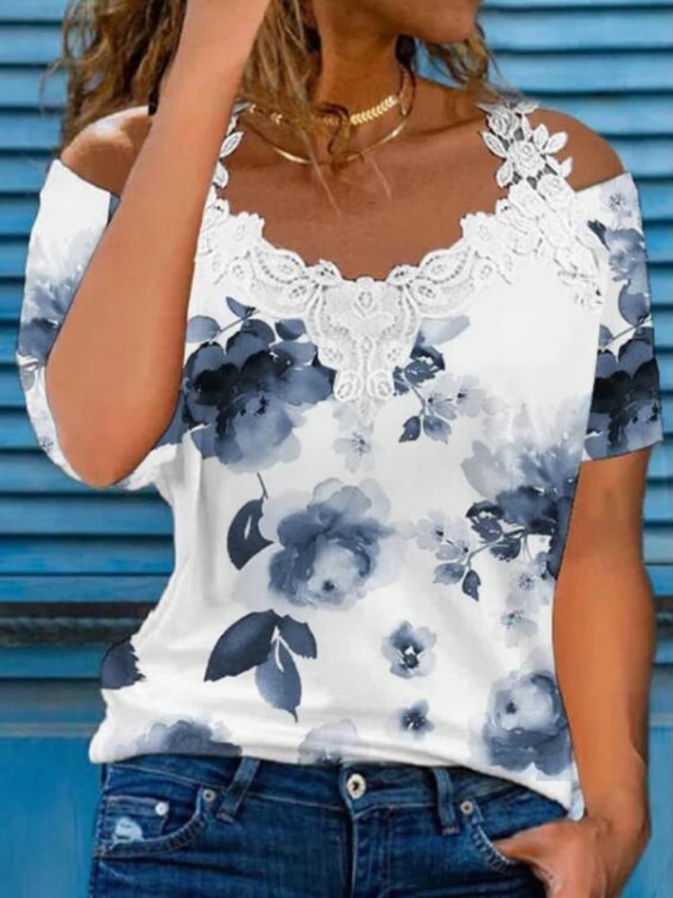 Women's New V-Neck Lace Lace Off Shoulder Casual Short Sleeve T-Shirt